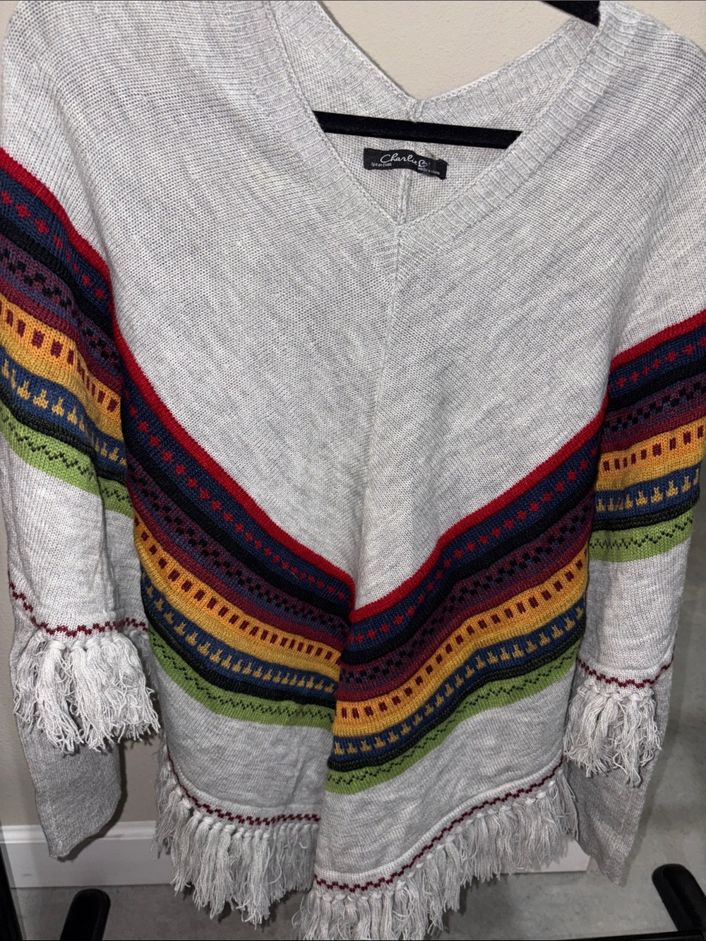 CHARLIE B Light Gray V-Neck Sweater with Red, Navy, Yellow & Green Stripes